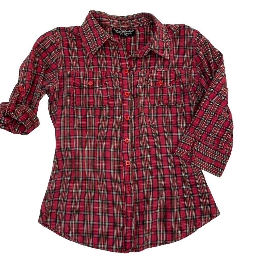 Magazine Red Plaid Button Front Collar Shirt Tab Sleeves Tie Back Sz Small - Picture 4 of 10